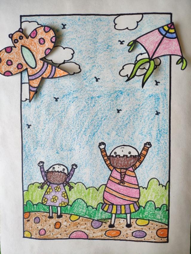 春天放风筝简笔画（儿童画放风筝）